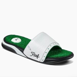 Reef Mulligan White Slide Sandals with Green Turf Footbed and Black Accents